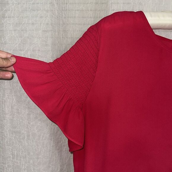 Ann Taylor L Fuchsia Pink Crew Back Button Keyhole Gathered Short Sleeve Blouse - Picture 3 of 7